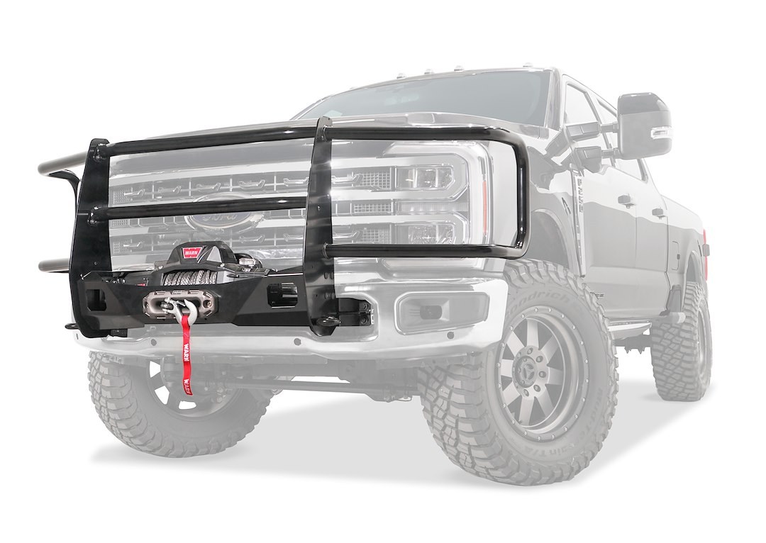 WARN Industries Grille Guard, Trans4mer® Gen III, 1-Piece, Powder Coated, Black, Steel, 2 Inch Diameter, With Brush Guard, Without Skid Plate – 109580