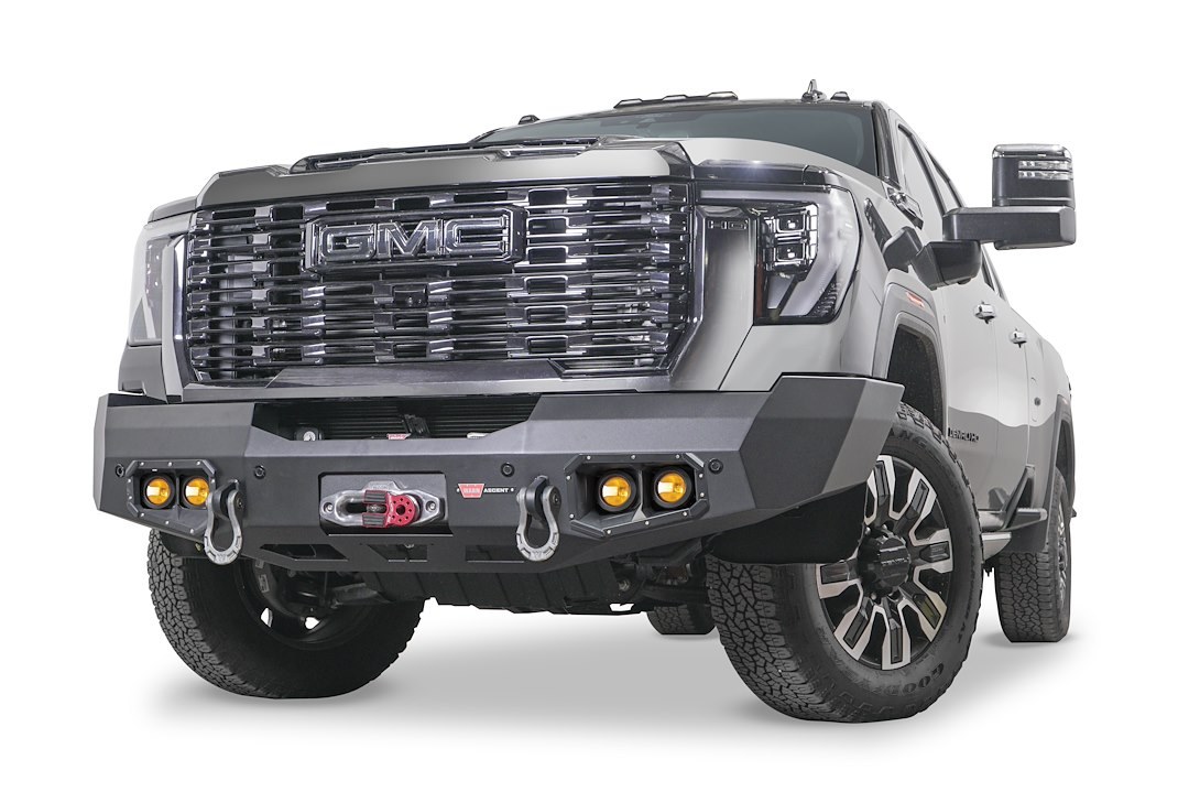 WARN Industries Bumper, Ascent, Direct-Fit, Mounting Hardware Included, Integral Winch Mount for Warn Mid Frame Winches, Textured Black Steel – 110944