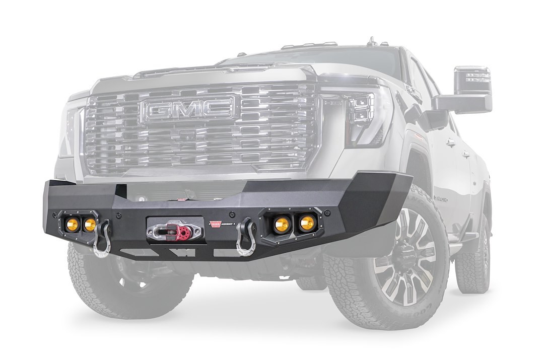 WARN Industries Bumper, Ascent, Direct-Fit, Mounting Hardware Included, Integral Winch Mount for Warn Mid Frame Winches, Textured Black Steel – 110944