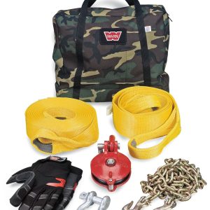 WARN Industries Winch Rigging Kit, Heavy Duty, With Snatch Block, Tree Trunk Protector, 3/4 Inch D-Shackle, 30 Foot Recovery Strap – 29460