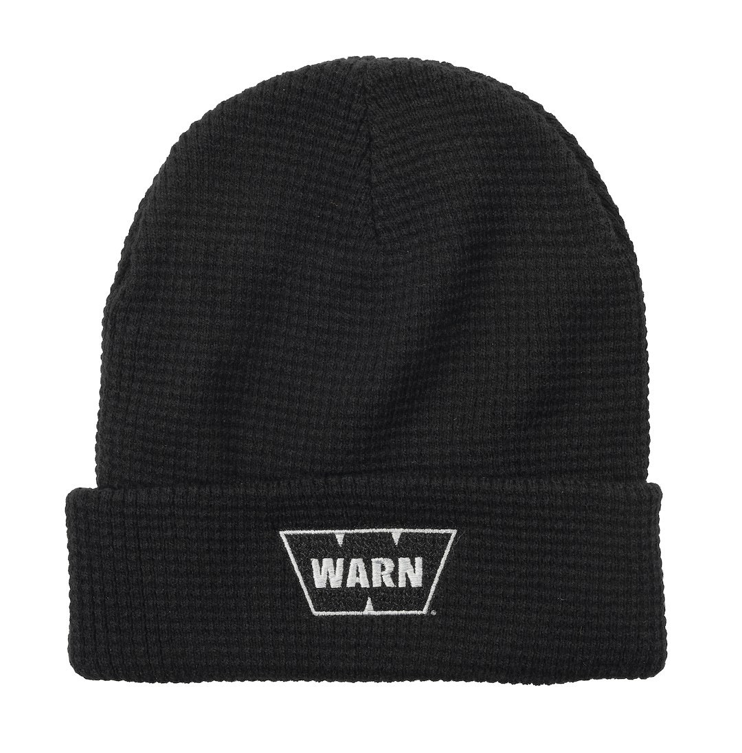 WARN Industries Hat, One Size Fits All, Waffle Knit Beanie, Black, Cotton Poly Blend, Warn Logo – 40824