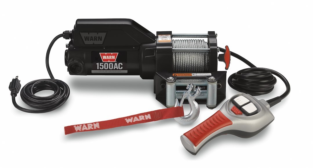 WARN Industries Winch, 1500AC Series, Portable Utility Winch, Electric, 1500 Pound Line Pull Capacity, 43 Foot Wire Rope, Roller Fairlead – 85330