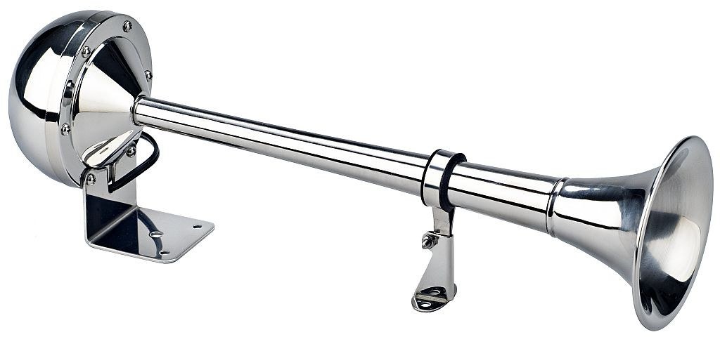 Wolo Horn, The Persuader ®, One 408 Hertz High-Tone Horn, 114 Decibels, 12 Volt, 15-1/2 Inch Trumpet, Silver, Stainless Steel – 115