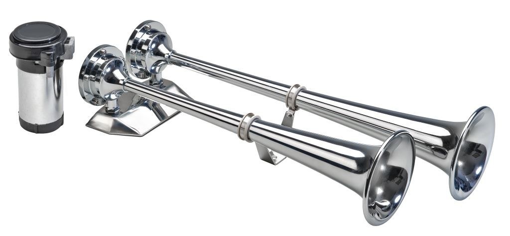 Wolo Air Horn, Ocean Alert ™, Dual Tone, Round Trumpet, 17 Inch Length X 7 Inch Width X 3-3/4 Inch Height, Chrome Plated, Brass – 170