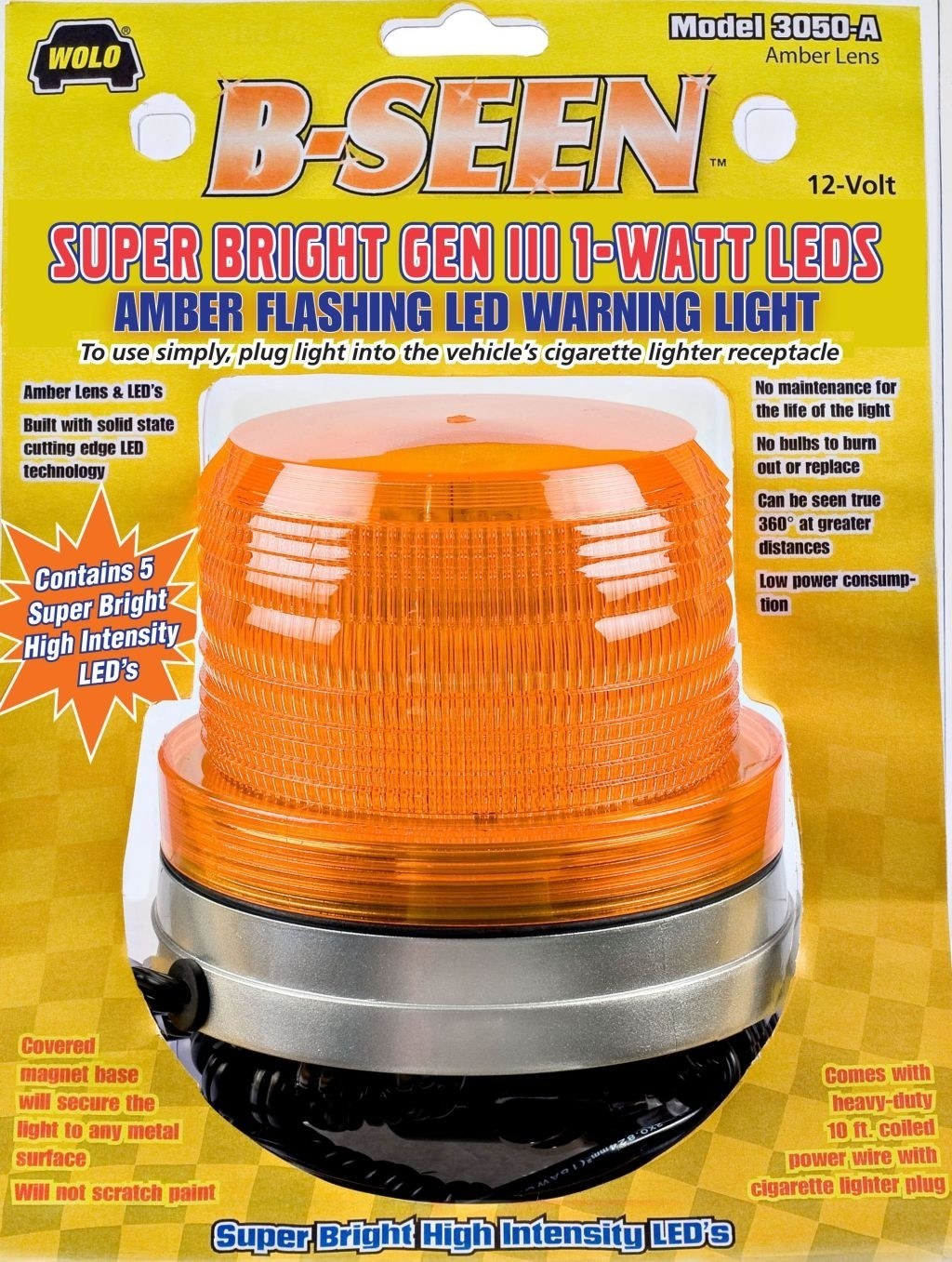 Wolo Warning Light, B-Seen ™, 5 Inch Base Diameter X 3-5/8 Inch Lens Diameter X 4 Inch Height, Dome Style, Magnet Mount, LED, Amber Lens – 3050-A