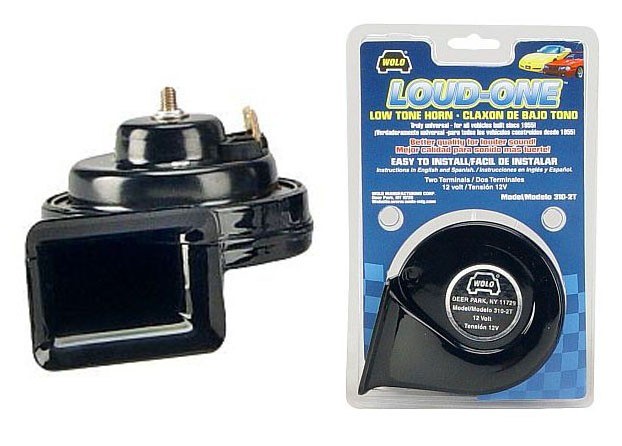 Wolo Horn, Loud One ®, One 410 Hertz Low-Tone Horn, 115 Decibels, 12 Volt, 3-1/2 Inch Diameter, Black, Steel and Plastic, Two Terminals – 310-2T