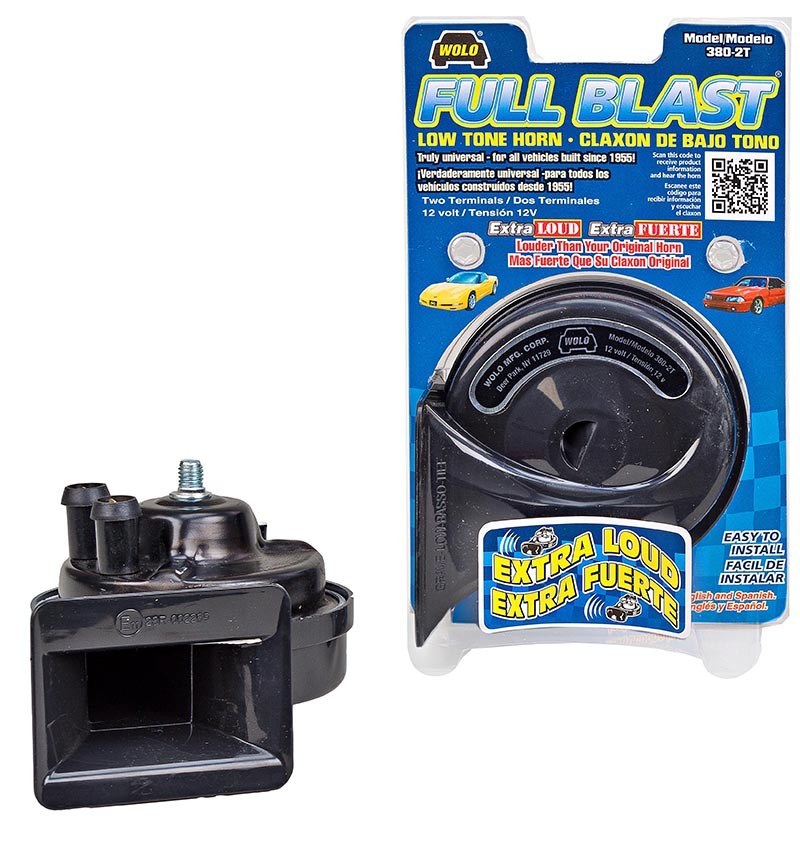 Wolo Horn, Full Blast ®, One 410 Hertz Low-Tone Horn, 116 Decibels, 12 Volt, 3-1/2 Inch Diameter, Black, Steel and Plastic – 380-2T