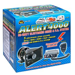 Wolo Siren, Alert ™, 12 Volt/ 80 Watts, Wail/ Yelp/ Air Horn/ Public Address System, Black – 4000-2