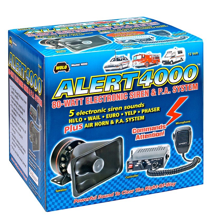 Wolo Siren, Alert ™, 12 Volt/ 80 Watts, Wail/ Yelp/ Air Horn/ Public Address System, Black – 4000-2