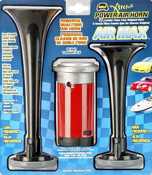 Wolo Air Horn, Air Max ®, Dual Tone, Round Trumpet, Longest Trumpet 8-1/2 Inch, Polished, Black, Plastic – 402