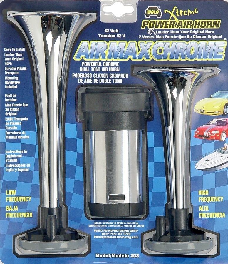 Wolo Air Horn, Air Max ®, Dual Tone, Round Trumpet, Longest Trumpet 8-1/2 Inch, Chrome Plated, Silver, Plastic – 403