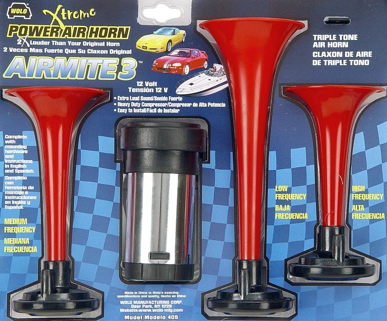 Wolo Air Horn, Airmite 3 ®, Triple Tone, Round Trumpet, Longest Trumpet 8-1/2 Inch, Polished, Red, Plastic – 405