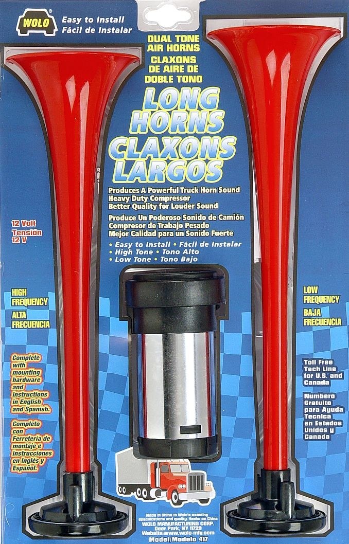 Wolo Air Horn, Long Horns ®, Dual Tone, Round Trumpet, Short Trumpet 11-5/8 Inch/ Long Trumpet 12-1/4 Inch, Polished, Red, Plastic – 417