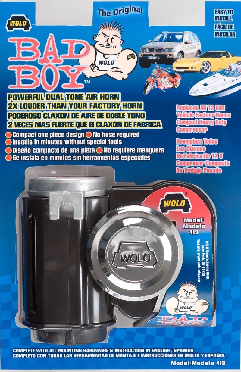 Wolo Air Horn, Bad Boy ™, Dual Tone, One Piece Compact Air Horn, 4-1/2 Inch X 2-1/2 Inch X 4-1/2 Inch, Chrome Plated Diaphragm Cover – 419