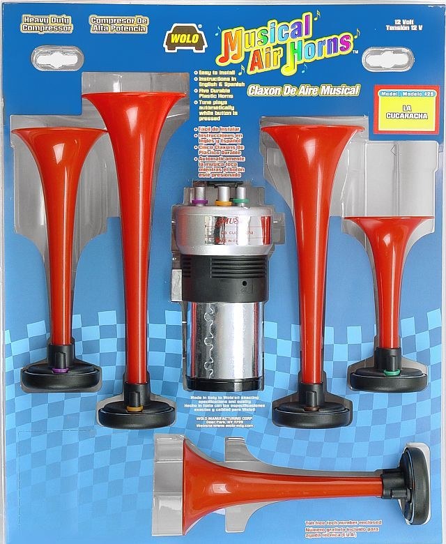 Wolo Air Horn, Musical Air Horns ™, La Cucaracha, Round Trumpet, Longest Trumpet 10-1/2 Inch/ Shortest Trumpet 5-1/2 Inch, Polished, Red – 425