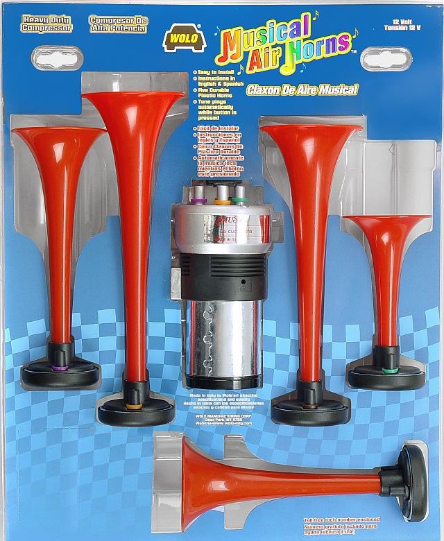 Wolo Air Horn, Musical Air Horns ™, Dixieland, Round Trumpet, Longest Trumpet 10-1/2 Inch/ Shortest Trumpet 5-1/2 Inch, Polished, Red, Plastic – 430