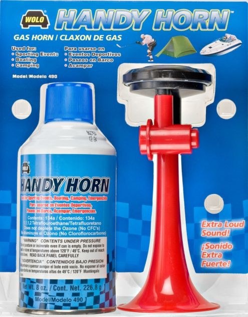 Wolo Air Horn, Handy Horn ®, Extra Loud, 116 Decibels, 800 Hertz Low Range, 13 Inch Long, Hand-Held Gas Air Horn, Red Trumpet, Plastic – 490
