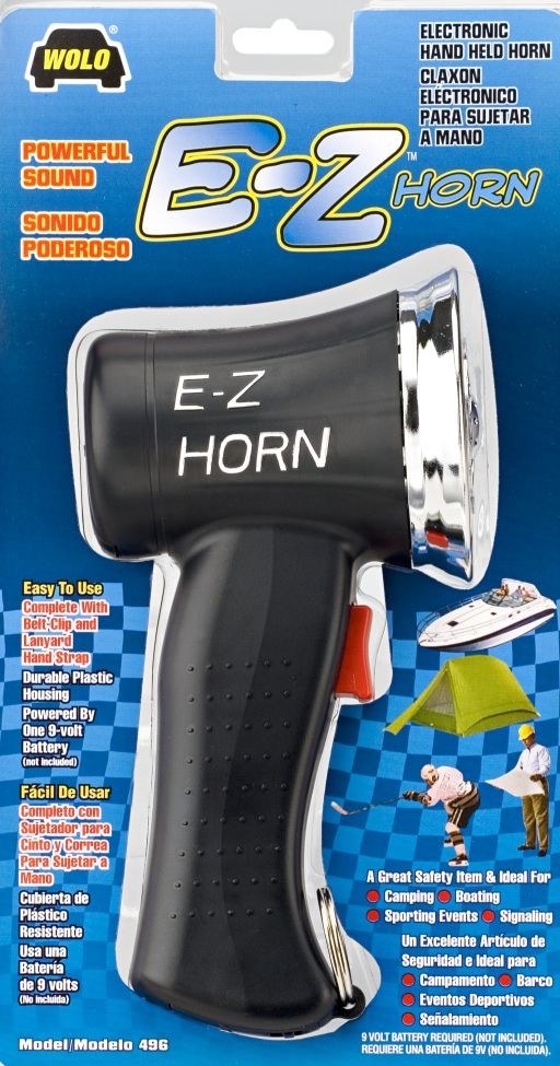 Wolo Horn, E-Z Horn ®, Hand-Held Electronic Horn, 2460 Hertz, 114 Decibels, 9 Volt Battery, 8 Inch Height X 4 Inch Length X 3-1/4 Wide, Black – 496
