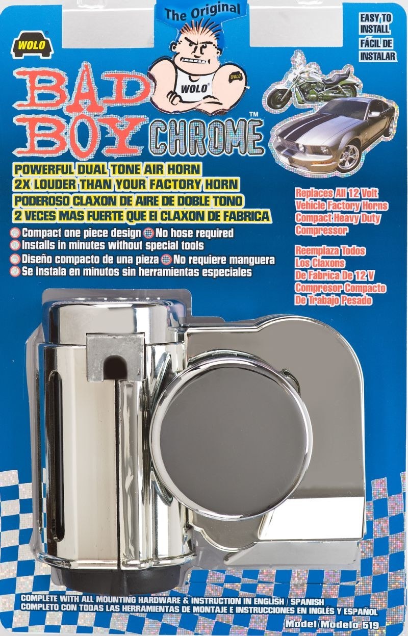 Wolo Air Horn, Bad Boy ™, Dual Tone, One Piece Compact Air Horn, 5-1/8 Inch Length X 3 Inch Width X 4-1/2 Inch Height, Chrome Plated, Silver – 519