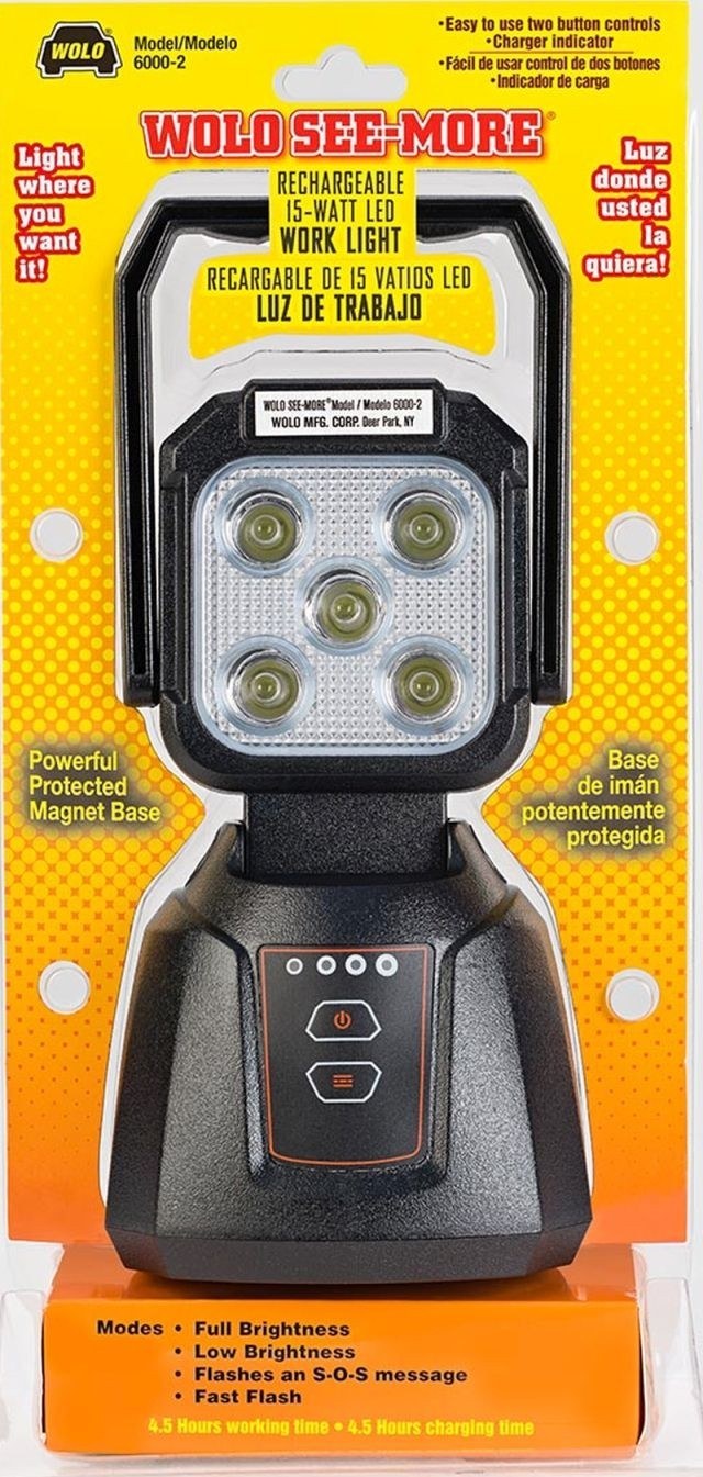 Wolo Work Light, See-More ™, Free Standing, 3 Watt, 1200 Lumens, Bridgelux LED, Black ABS Housing, Rechargeable Battery, With Magnetic Base – 6000-2