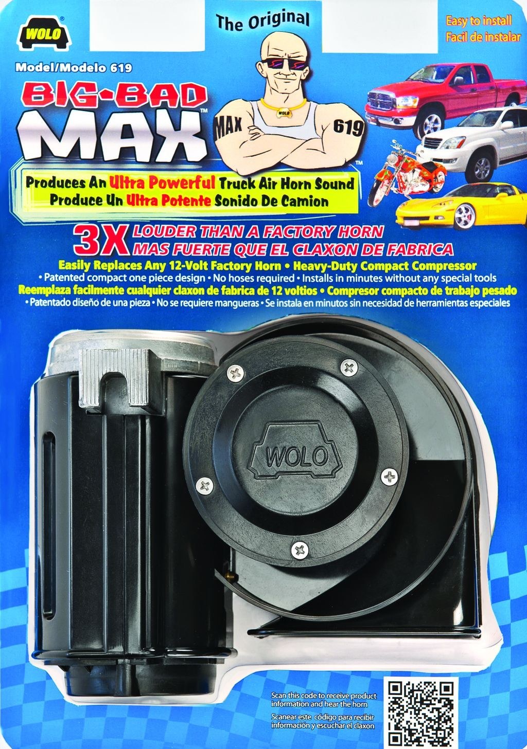 Wolo Air Horn, Big Bad Max ™, Triple Tone, 5-3/4 Inch Length X 3-1/2 Inch Width X 4-5/8 Inch Height, Black, ABS Plastic, With 30 Amp Relay – 619