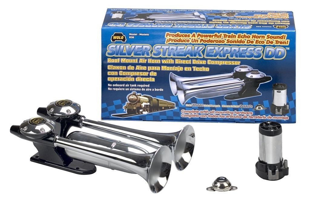 Wolo Air Horn, Silver Streak Express ®, Train Horn Sound, Round Trumpet, Longest Trumpet 14-1/2 Inch, Chrome Plated, Steel – 836
