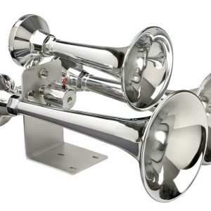 Wolo Air Horn, Cannon Ball Express ®, Train Horn Sound, 3 Round Trumpets, Longest Trumpet 16-1/2 Inch, Triple Chrome Plated, Silver, Steel – 837