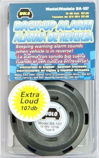 Wolo Backup Alarm, Heavy Duty, Beep Beep Sound, 107 Decibels, 12-48 Volts, Black, Plastic, Waterproof, Bolt-On Mounting – BA-107