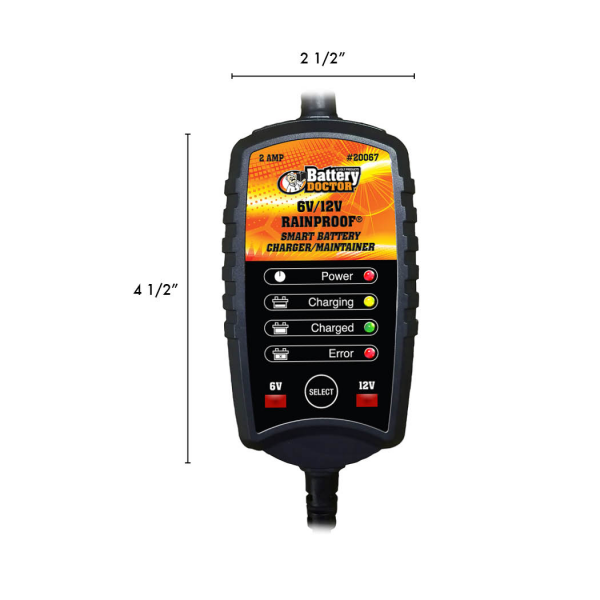 WirthCo Battery Charger, Battery Doc ® Rainproof ®, For 6 Volt/ 12 Volt Batteries, Automatic Charger and Maintainer, 2 Amp Charging Current – 20067