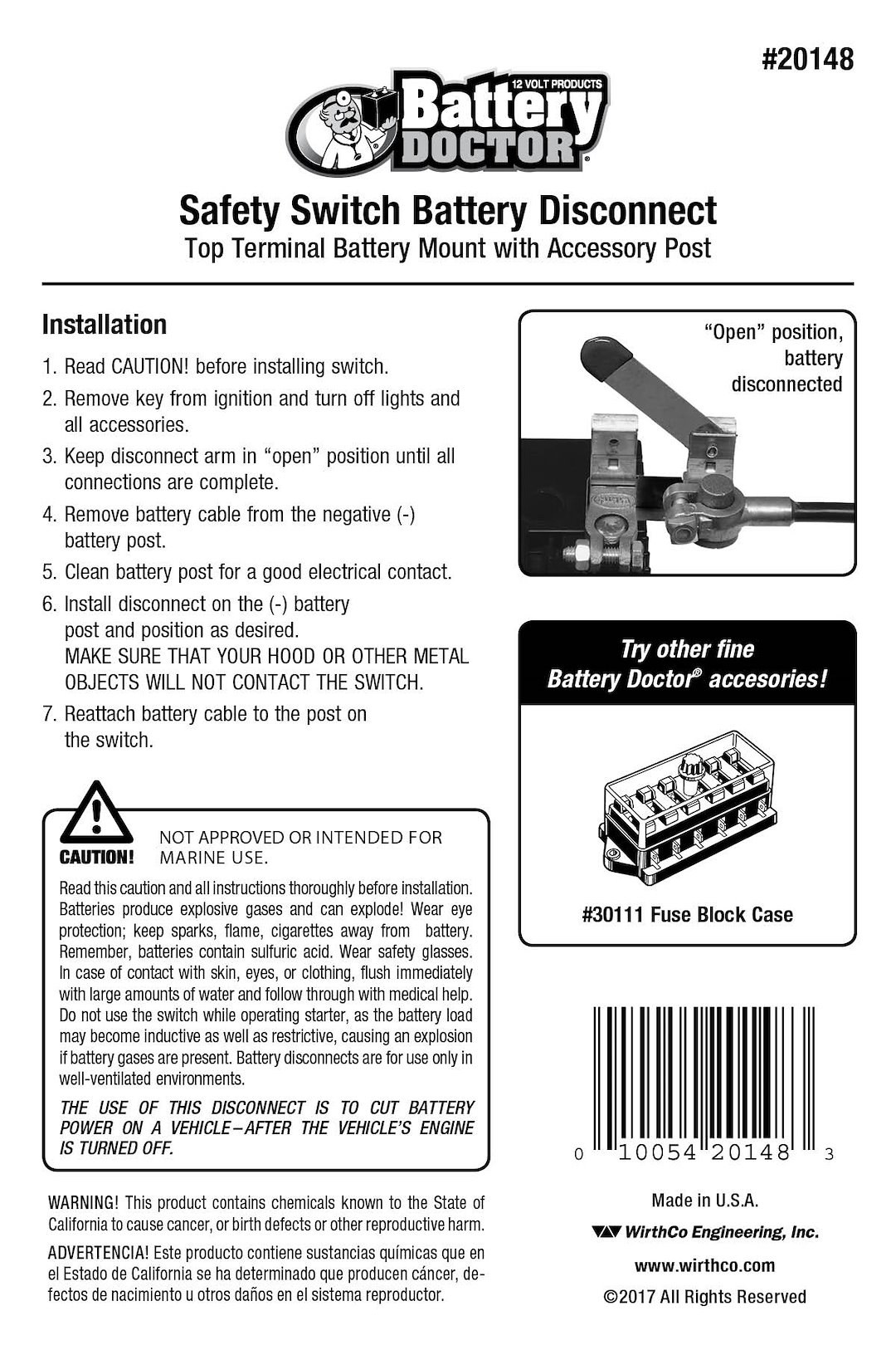 WirthCo Battery Disconnect Switch, Battery Doctor ®, Knife Blade Switch, 250 Ampere, With Top Post Stud – 20148