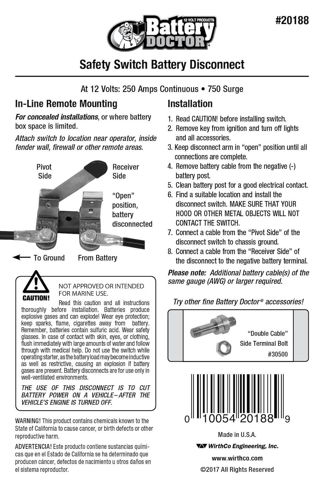 WirthCo Battery Disconnect Switch, Battery Doctor ®, Knife Blade Switch, 250 Ampere, IN-Line/ Remote Mount – 20188