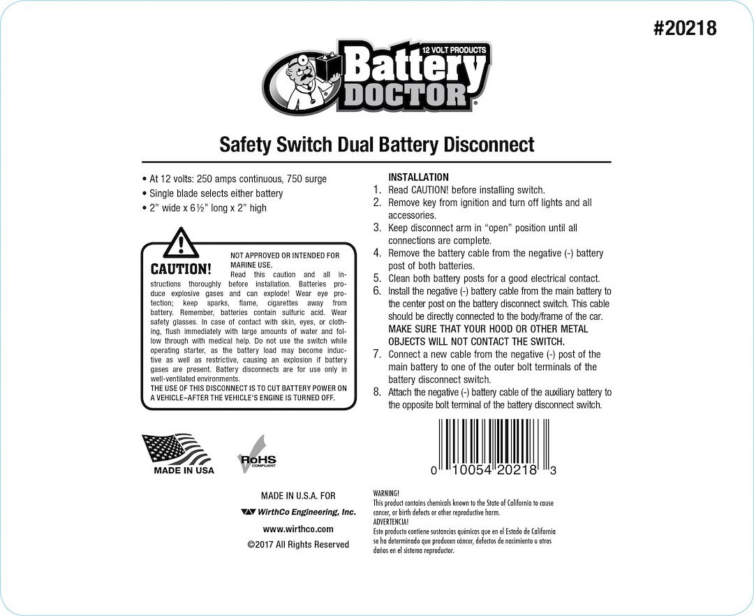 WirthCo Battery Disconnect Switch, Battery Doctor ®, Knife Blade Switch, 250 Ampere, Single Blade – 20218