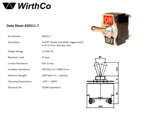 WirthCo Multi Purpose Switch, 12 Volt, 20 Ampere, On/Off Metal Toggle, With Screw Terminal – 20511