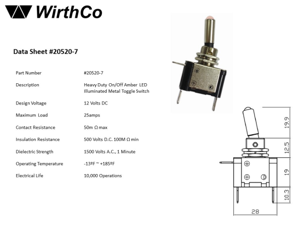 WirthCo Multi Purpose Switch, 25 Ampere, Toggle, LED, Amber – 20520