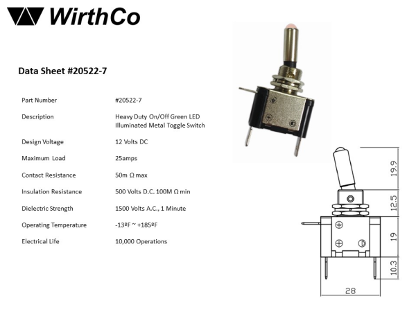 WirthCo Multi Purpose Switch, 25 Ampere, Toggle, LED, Green – 20522
