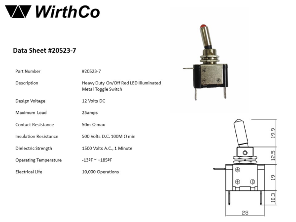 WirthCo Multi Purpose Switch, 25 Ampere, Toggle, LED, Red – 20523