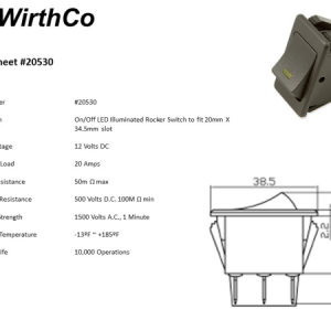 WirthCo Multi Purpose Switch, 12 Volt, 20 Amp Max, Rocker, LED Illuminated, Fits 20 Millimeter Wide X 34.5 Millimeter Long Slot – 20530