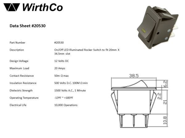 WirthCo Multi Purpose Switch, 12 Volt, 20 Amp Max, Rocker, LED Illuminated, Fits 20 Millimeter Wide X 34.5 Millimeter Long Slot – 20530