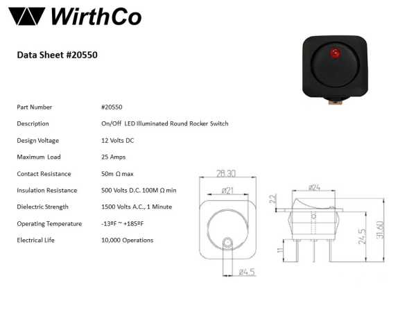 WirthCo Multi Purpose Switch, 20 Ampere, Rocker, LED, Red Lens – 20550