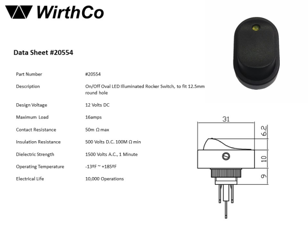 WirthCo Multi Purpose Switch, 16 Ampere, Rocker, Oval, LED, Amber – 20554
