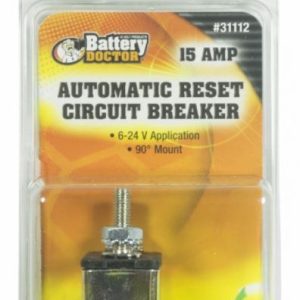 WirthCo Circuit Breaker, 15 Amp, Fits 6 to 24 Volt Application, Automatic Reset, Single, Stud Mounted with Right Angle Bracket – 31112