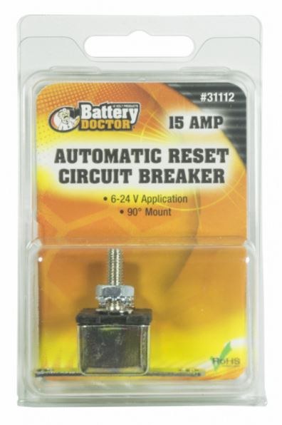 WirthCo Circuit Breaker, 15 Amp, Fits 6 to 24 Volt Application, Automatic Reset, Single, Stud Mounted with Right Angle Bracket – 31112