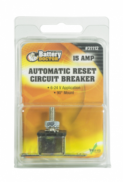 WirthCo Circuit Breaker, 15 Amp, Fits 6 to 24 Volt Application, Automatic Reset, Single, Stud Mounted with Right Angle Bracket – 31112