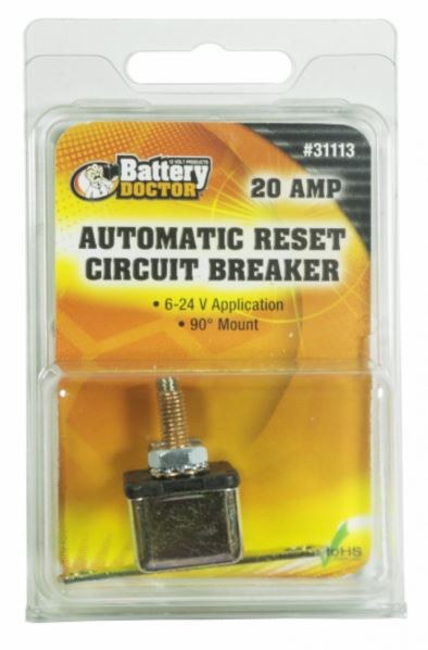 WirthCo Circuit Breaker, 20 Amp, Fits 6 to 24 Volt Application, Automatic Reset, Single, Stud Mounted with Right Angle Bracket – 31113
