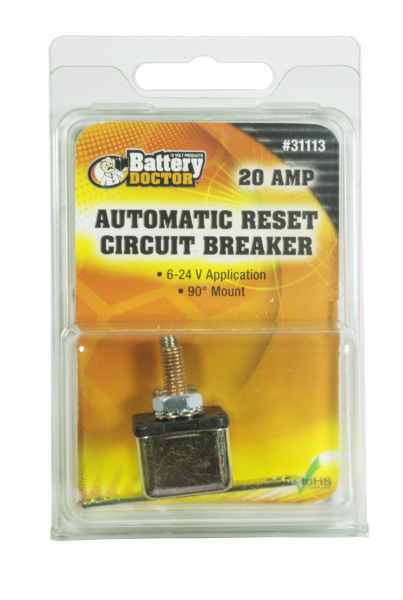 WirthCo Circuit Breaker, 20 Amp, Fits 6 to 24 Volt Application, Automatic Reset, Single, Stud Mounted with Right Angle Bracket – 31113