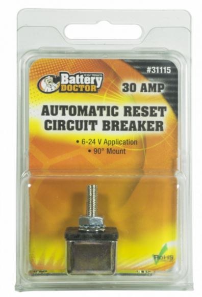 WirthCo Circuit Breaker, 30 Amp, Fits 6 to 24 Volt Application, Automatic Reset, Single, Stud Mounted with Right Angle Bracket – 31115