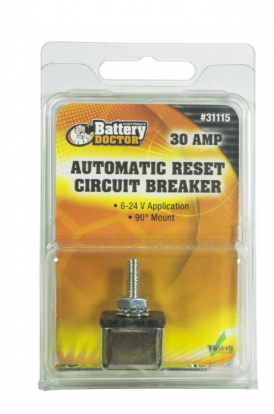 WirthCo Circuit Breaker, 30 Amp, Fits 6 to 24 Volt Application, Automatic Reset, Single, Stud Mounted with Right Angle Bracket – 31115