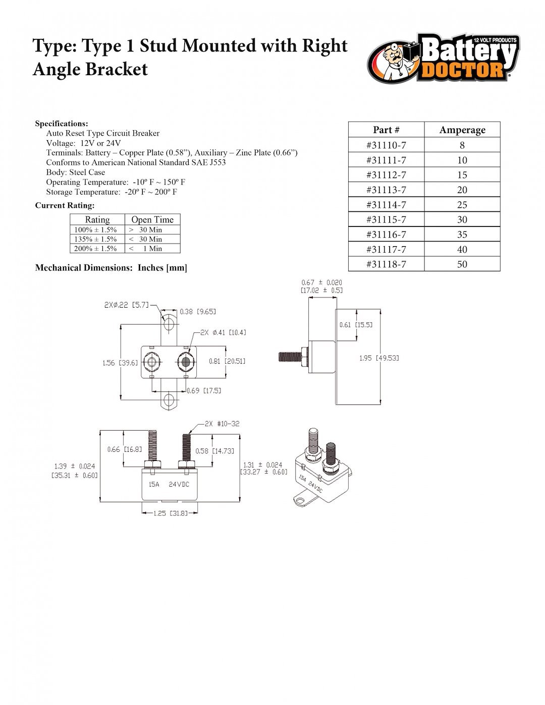 WirthCo Circuit Breaker, 30 Amp, Automatic Reset, Single, Stud Mounted with Right Angle Bracket – 31115-7