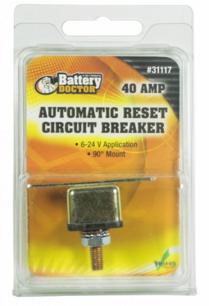 WirthCo Circuit Breaker, 40 Amp, Fits 6 to 24 Volt Application, Automatic Reset, Single, Stud Mounted with Right Angle Bracket – 31117