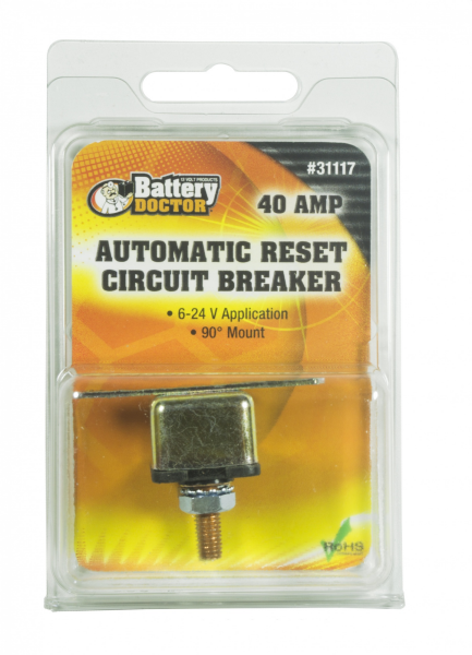 WirthCo Circuit Breaker, 40 Amp, Fits 6 to 24 Volt Application, Automatic Reset, Single, Stud Mounted with Right Angle Bracket – 31117